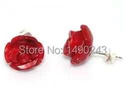 1 inches 10mm Red Natural Flower Shaped 925 Sterling Silver Coral Stud Earring