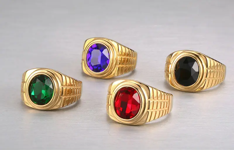 Men Engagement Ring Gold-color Stainless Steel Men Blue/Black/Green/Red Stone Wedding Rings R257G