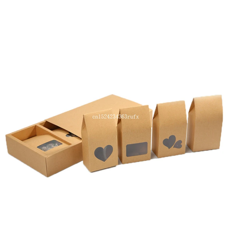 500pcs Stand Up Kraft Paper Boxes 16*8cm Cookies Nuts Gift Packaging Bags With Heart Shape Clear Window Pocket