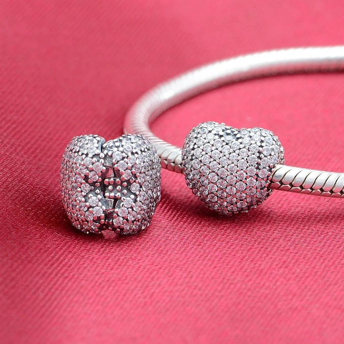 100% Original 925-Sterling-Silver Pave CZ Love Heart Lock Clip Beads Fits Pandora bracelets DIY Women Jewelry Making