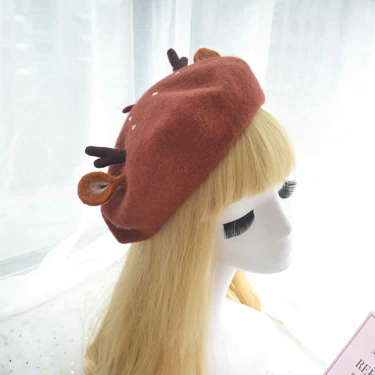 Soft sister lovely checking baize, Japanese antlers ears beret hat creative female Christmas gifts