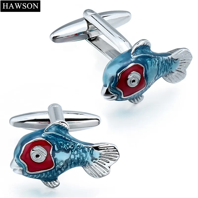 Mens French Dress Blue Fish Cuff links and Brooches Pin with High-Grade Box Ceremony Gift