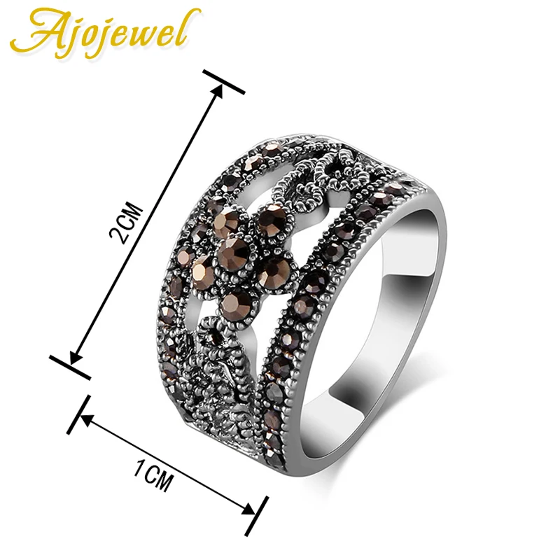 Ajojewel #6-10 Black Rhinestone Flower Vintage Retro Ring Women Band Jewelry Finger