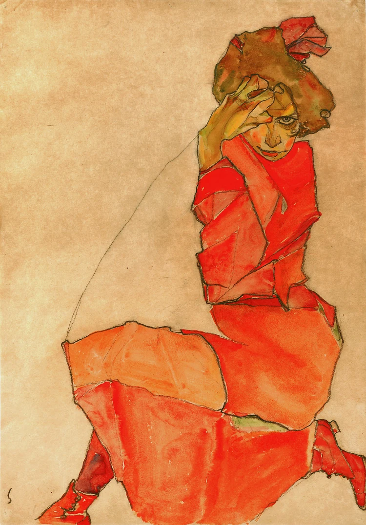 nude canvas paintings portrait picture modern art  home decor giant poster Kneeling Female in Orange Dress c1910 By Egon Schiele