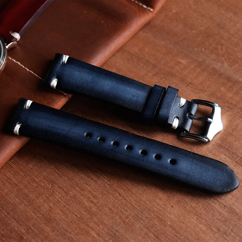 ONTHELEVEL Handmade Vintage Watchband Genuine Leather Watch Strap Red/Black/Blue Replacement Band Buckle 20mm