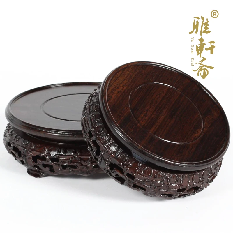 H Gallery] mahogany crafts stone base Zhai round carved wood base black Catalpol set three only