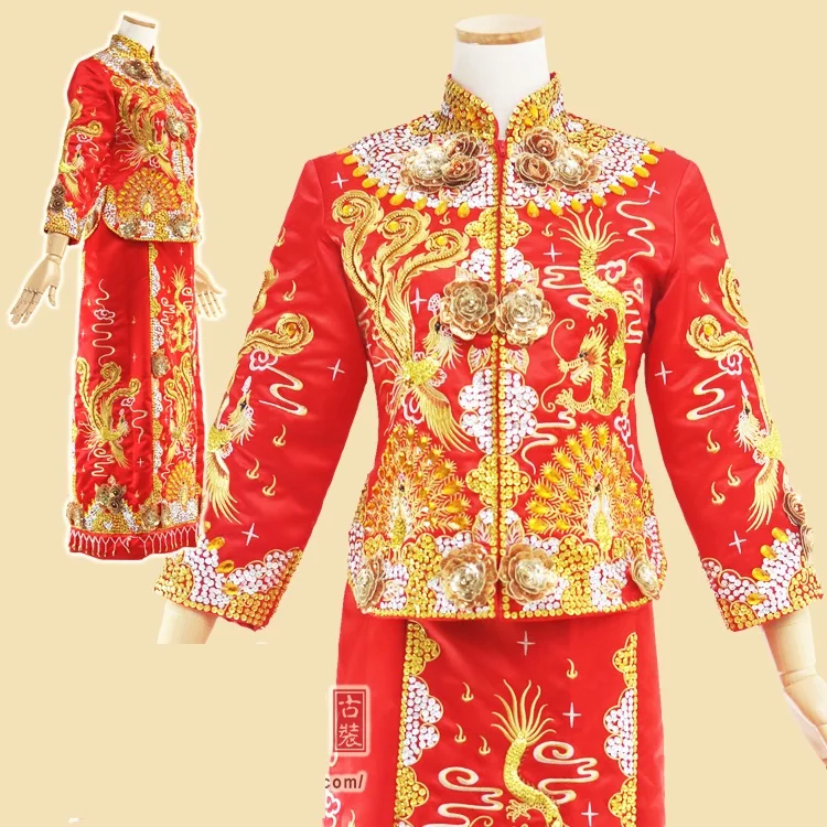 

3D Peony Beading Embroidery Phoenix Dragon Traditional Chinese Wedding Hanfu Bride Costume Xiu He Fu for TV Play or Photography