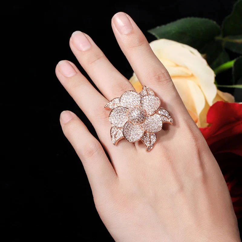 BeaQueen Luxury Brand Cubic Zircon Big Flower Dubai Nigerian Bridal Statement Finger Ring for Women Rose Gold Color Jewelry R068