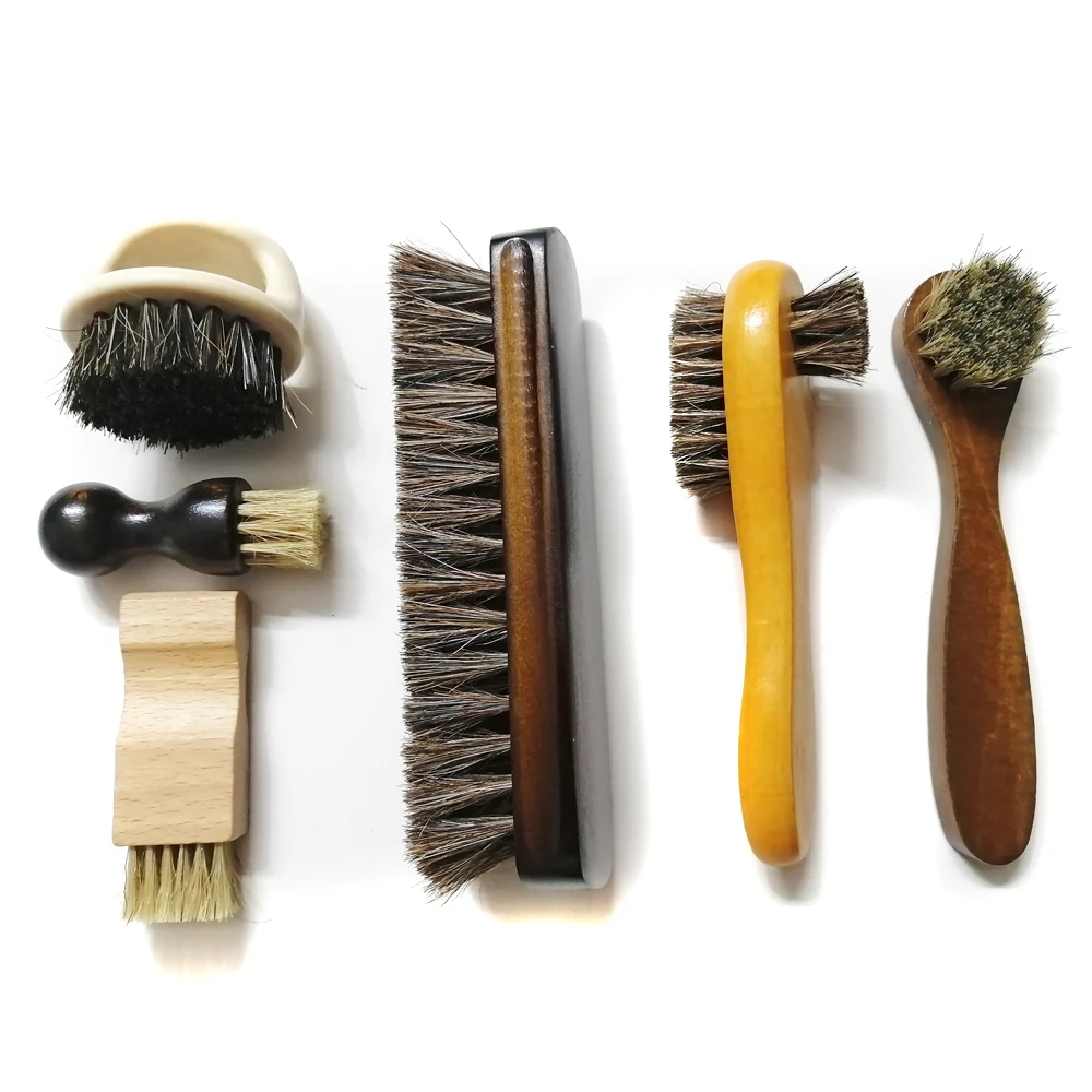 6 Pcs Set Horse Hair Pig Bristle Shoe Brush , Oil Polish Tool, Scrub Suede Fur, Clear Leather Shoes Ash