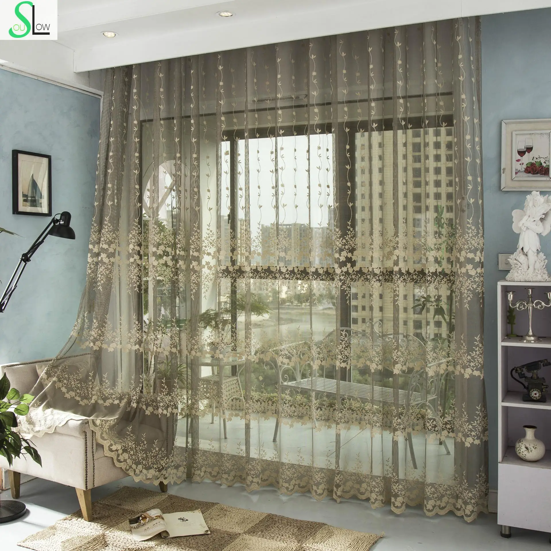 

Slow Soul Grey Ventilation Living Room Curtain Pleated Europe Floral Cortinas Tulle Curtains For Kitchen Bedroom Roman Sheer