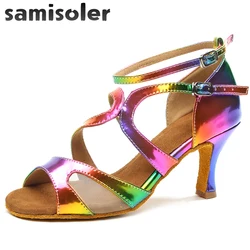 Samisoler Latin Dance Shoes Rainbow Colors bright PU Women's Salsa elegant Ballroom dancing shoes soft tango dance shoes heel