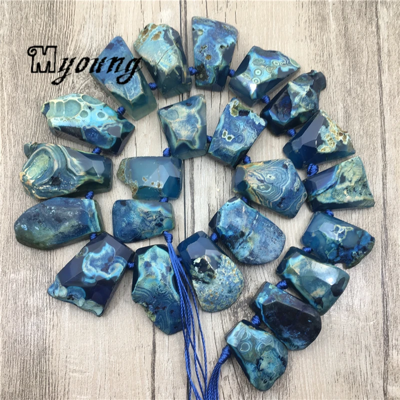 

Trapezoid Shape Faceted Blue Agates Quartz Nugget Beads,Nature Stone Top Drilled Pendant Beads MY1789