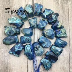 Trapezoid Shape Faceted Blue Agates Quartz Nugget Beads,Nature Stone Top Drilled Pendant Beads   MY1789