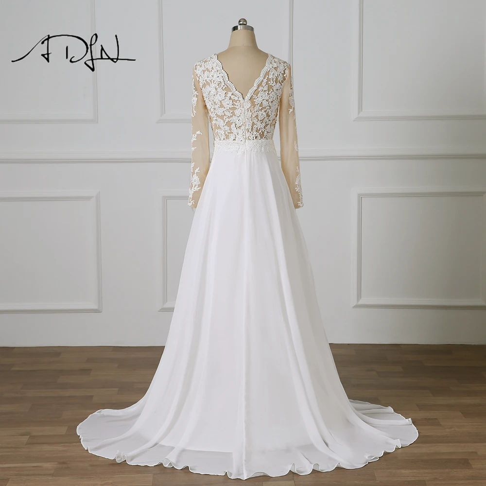 ADLN Dài Tay Áo Wedding Dress với Cao Slit Vestido De Novia Scoop Sexy Ảo Giác Vạt Áo Voan Bãi Biển Bridal Gowns Tùy Chỉnh