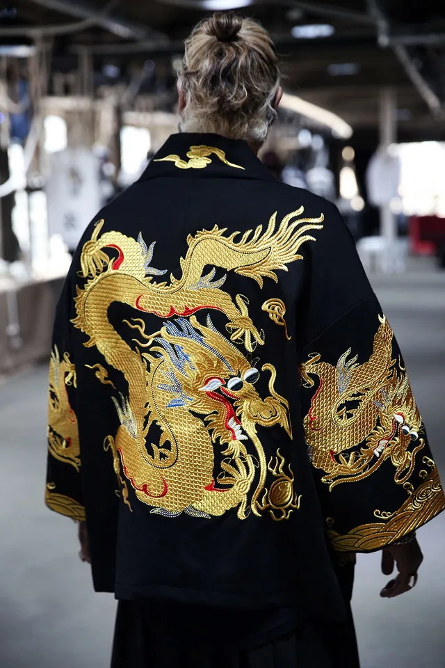 luxury black with golden embroidery chinese dragon unisex short robe drama/stage/stuido/performance