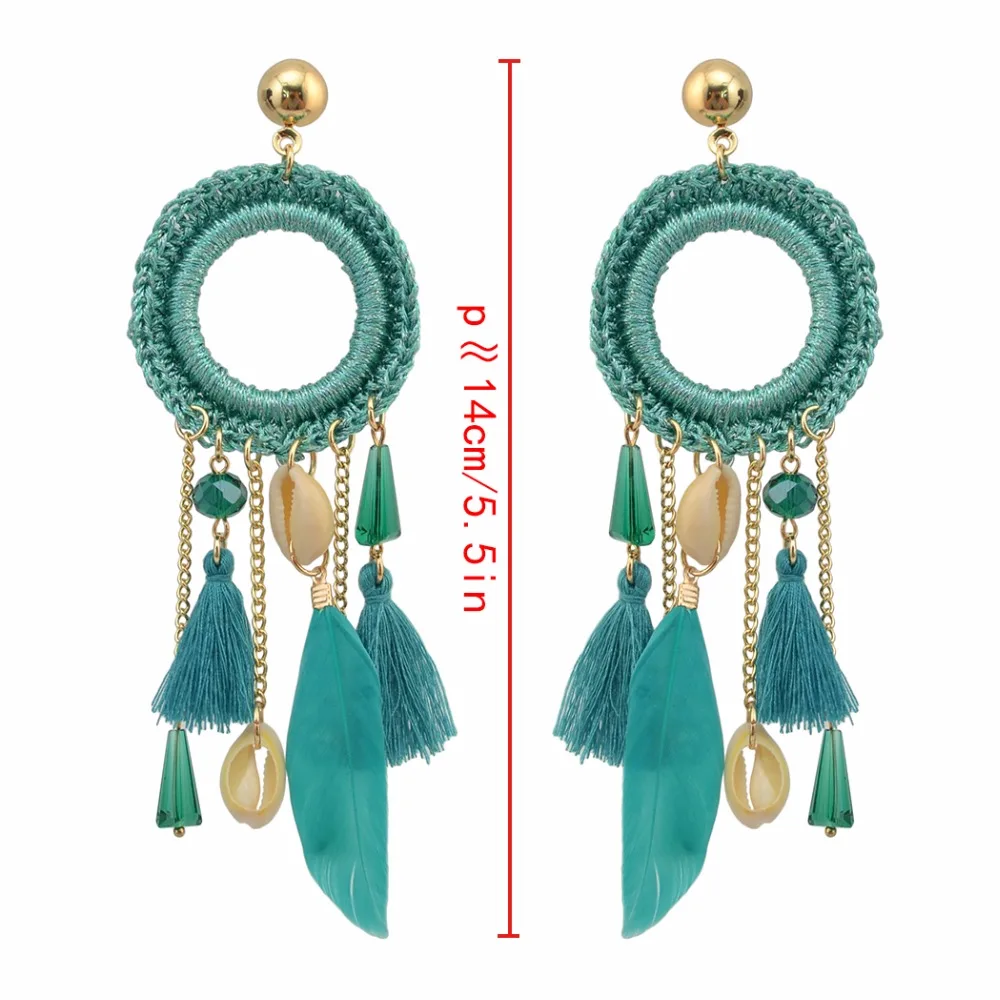 Gypsy Ethnic Boho Big Woven Rope Long Feather Drop Earrings Fringe Thread Shell Tassel Earring Turkish Party Festival Jewelry