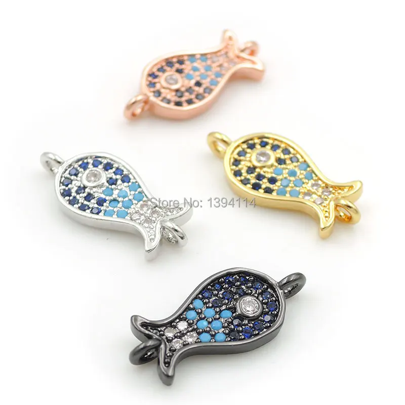 

17*7*3mm Micro Pave Blue&Clear&Kallaite CZ Fish Pattern Connector Fit For Women As DIY Bracelets Accessory