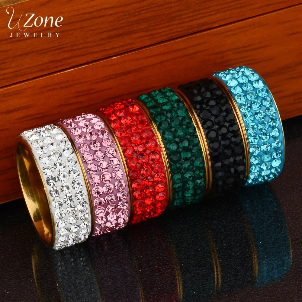 Uzone Stainless Steel 3 Rows Zircon Wedding Rings for Women 8mm Pink Blue Red White Zircon Engagement Bands Fashion Jewelry Gift