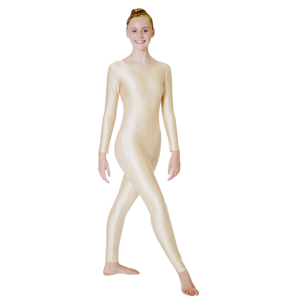 White Shiny Lycra Long Sleeve Unitard Catsuit Dance Gymnastics Women Girls Kids Toddlers Full Sizes