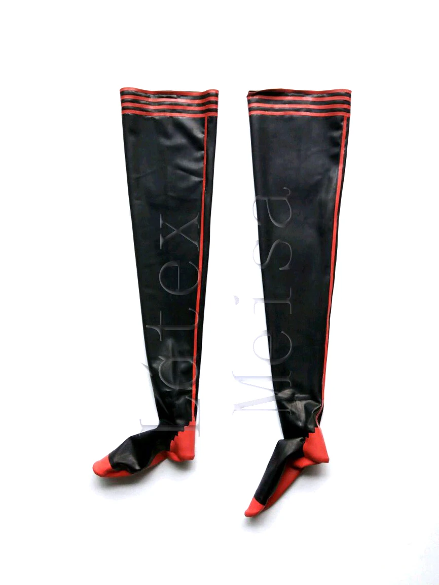 Black tight latex stockings decorative with red & black trims on top for women