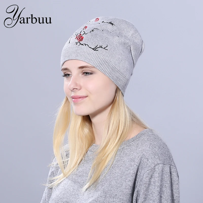 [YARBUU] Women's Winter Hat Knitted New Solid Wool Beanie Flower Rhinestone Hats For Women Beanies Balaclava Womens Skullies