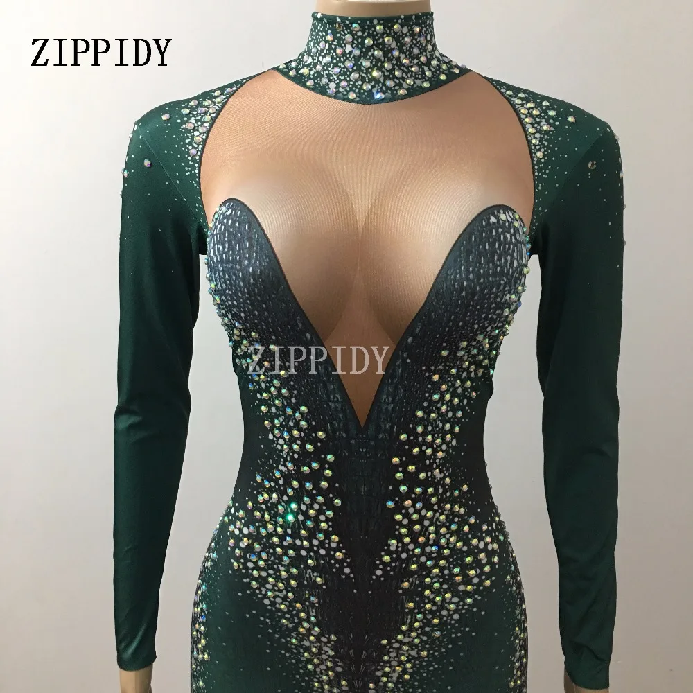 Glisten AB Rhinestones Sexy Women Green Jumpsuit Costume Big Stretch Female Singe Nightclub Performance Stage Wear Dance Rompers