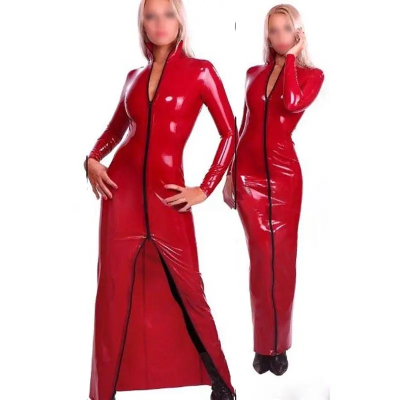 

Red Latex Dress Rubber Evening Dresses Party Long Sleeve Gown Gummi 0.4mm