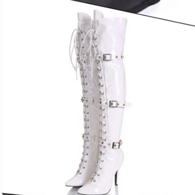

Bota Feminina White Black High Heel Pointed Toe Buckle Over The Knee Boots Lace Up Long Crotch Botines Motorcycle Shoes Woman