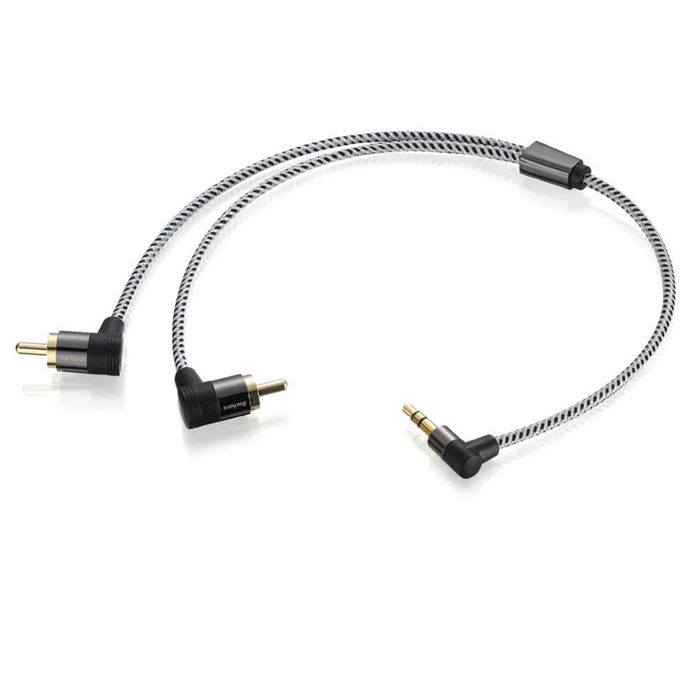 Bochara Braided 90degree 3.5mm jack to 2RCA OFC Audio Cable Gold Plated For Speakers Amplifier Mixer 30cm