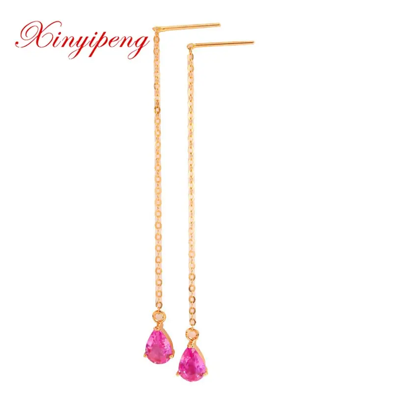 

Xin yi peng fine jewelry real 18k rose gold 100% natural pink sapphire female drop earrings for women fine earrings AU750