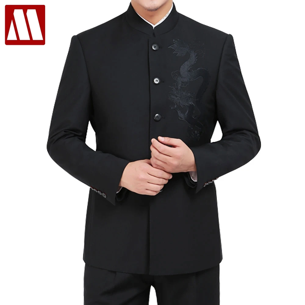 Men\'s Single Breasted Suits Embroider Dragon Suit Sets Fashion Chinese Tunic Suit Men Casual Black Blazers Jacket and Trousers