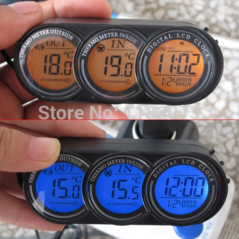 Marka Ekran LCD Samochód Wewnątrz Termometr Zewnętrzny Zegar Pojazdu Kalendarz Monitor napięcia Miernik temperatury Niebieskie/pomarańczowe podświetlenie