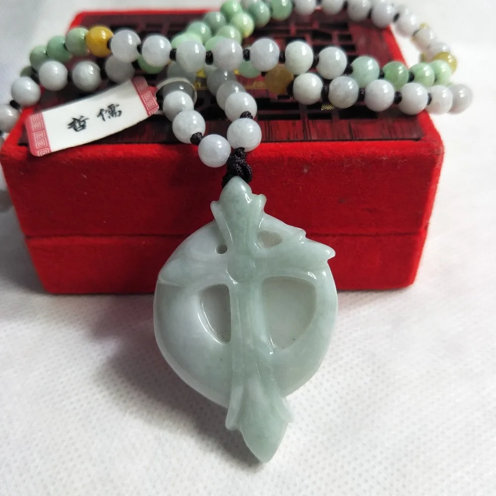 Zhe Ru Jewelry Pure Natural Jadeite Light Green Blessing Cross Pendant Tricolor Jade Bead Necklace A Class A Certificate