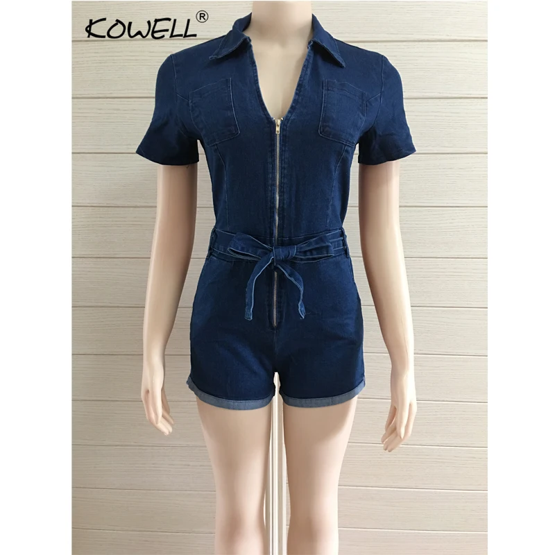 Hot Sell Solid V Neck Summer Romper Women Zipper Sashes Fitness Denim Jumpsuit Overalls Bodycon Sexy Jumpsuits Rompers Playsuit