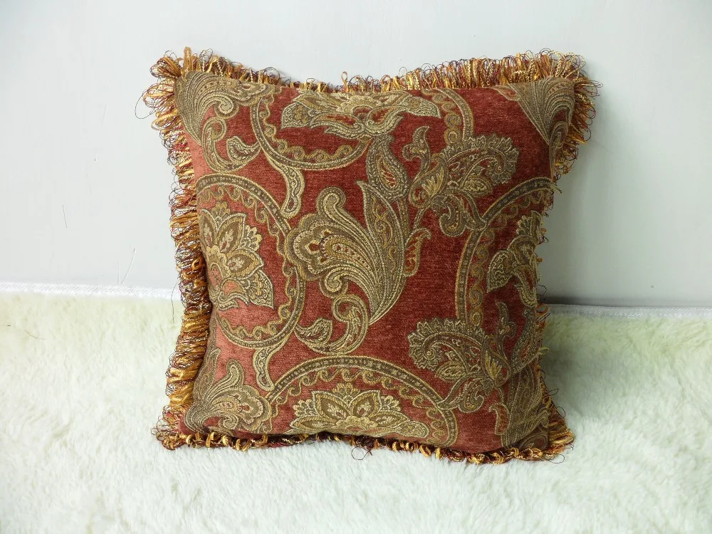 American Paisley Woven Classic Chenille Brick Red Pillow Cover Decorative Cushion Cover Square Pillow Case With Fringe 45x45cm