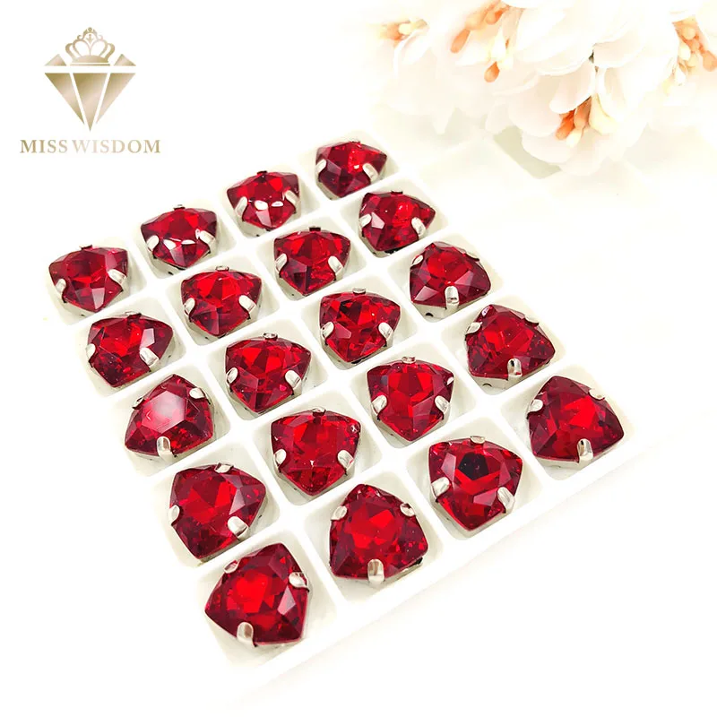 Free shipping 12mm Fat Triangle Red High quality Glass Crystal sew on rhinestones sliver base flatback with hole diy accessories