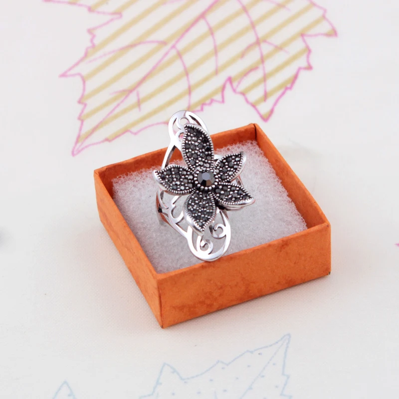 Ajojewel Womens Vintage Five Petals Flower Ring With Black Rhinestone Big Hollow Leaf Designer Jewelry Anel Size 7-9