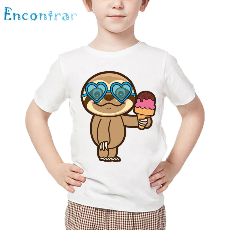 Kids Sloth Eat Ice Cream Print Funny T shirt Boys and Girls Summer White Tops Baby Cartoon Casual T-shirt,HKP5567