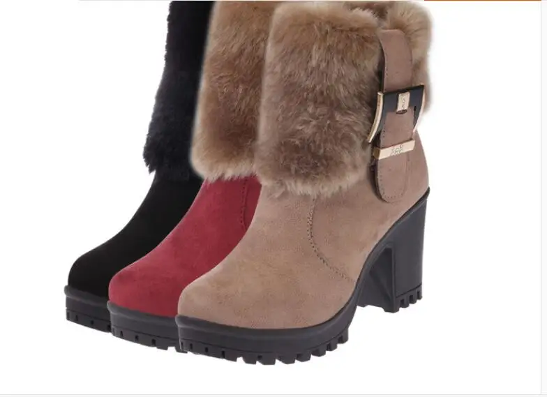 Fashion Women Casual Platform Female Suede Buckle Short Ankle Boots Shoes Block High Heels Winter Warm Faux Fur Snow Boots