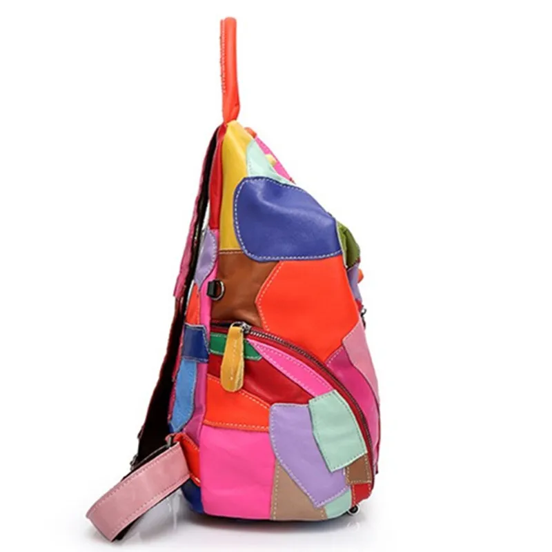 Mochila escolar de piel auténtica para mujer, bolso de hombro con costuras de color, a la moda, para adolescentes