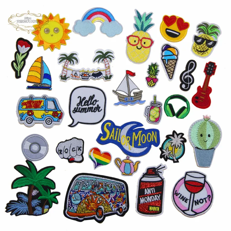 1 pcs Sun rainbow wine summer beach tree music embroidered iron on cartoon patches clothing diy bag hat shoe repair Appliques