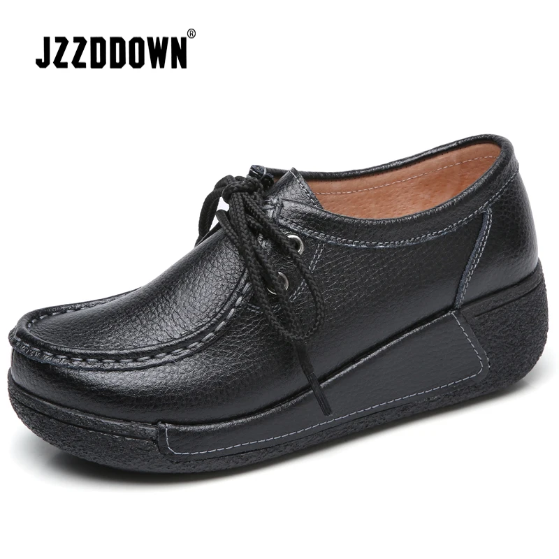 JZZDDOWN genuine Leather shoes woman platform Lace up women sneakers platform Casual Loafers Luxury female Ladies shoes