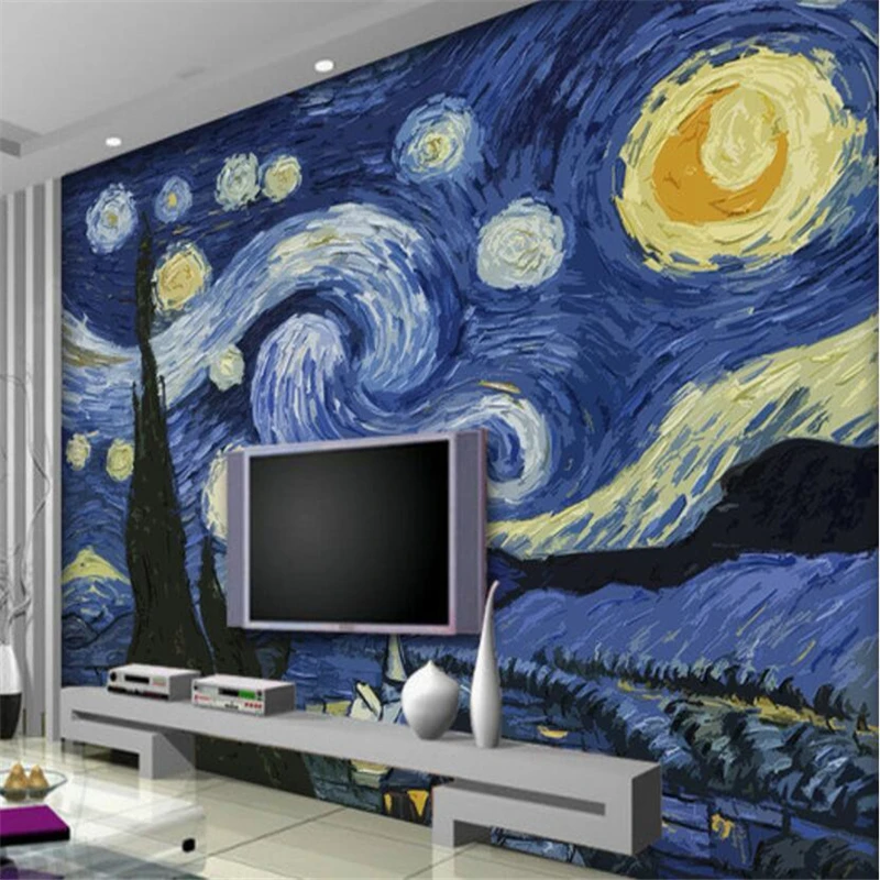 wellyu  papel de parede para quarto Custom wallpaper wood carving effect Van Gogh Star decoration painting background wall