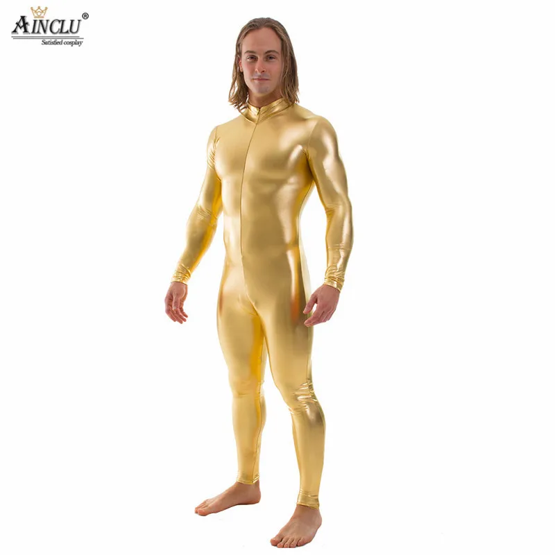 Men Shiny Metallic Tights Latex Zentai Black Gold Silver Bodysuit Front Zipper Spandex Long Sleeve Leotards Full Body Suit