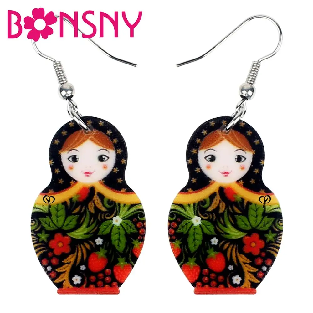 Bonsny Acrylic Russian Doll Colorful Plant Printing Earrings Drop Dangle Stud Clip Fashion Jewelry For Women Teens Lovers Gift