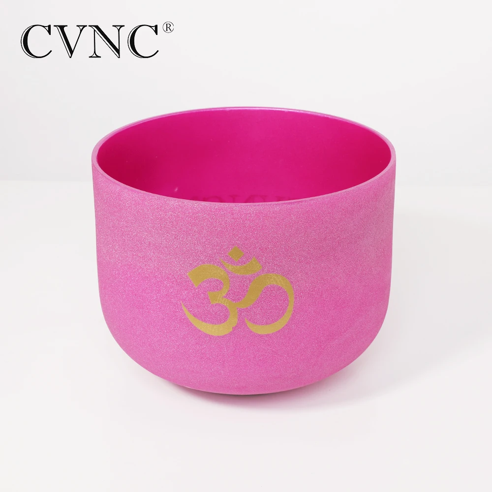 CVNC 8 Inch B Note 440/432hz Pink Frosted Quartz Crystal Singing Bowl with OM Design Crown Chakra with Free Mallet and O-ring