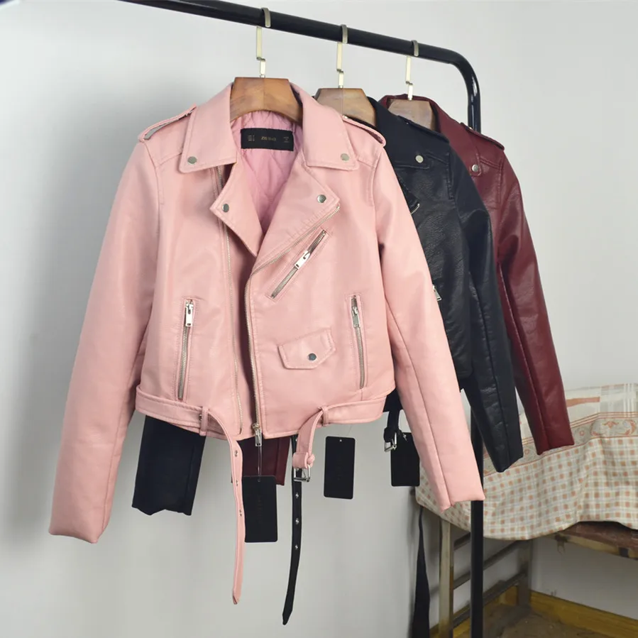 Nova Moda Primavera Outono Mulheres Jaqueta de Couro Falso Macio Manga Longa Rosa Casaco Biker Com Zíper Motocicleta Projeto PU Jaqueta Vermelha