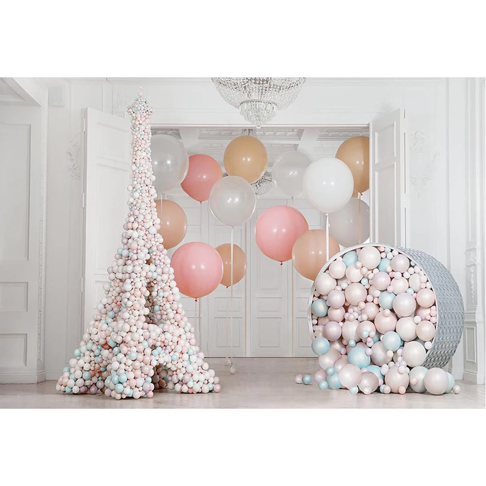 

Interior White Doors Balloons Backdrop for Photography Printed Tower Newborn Princess Baby Girl Birthday Party Photo Background