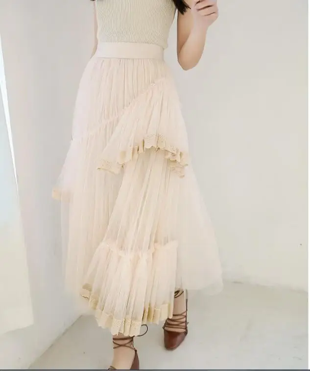 The New Spring And Summer Style High Waist Skirt Slim Fairy Temperament Irregular Tulle Skirt Lace Skirt