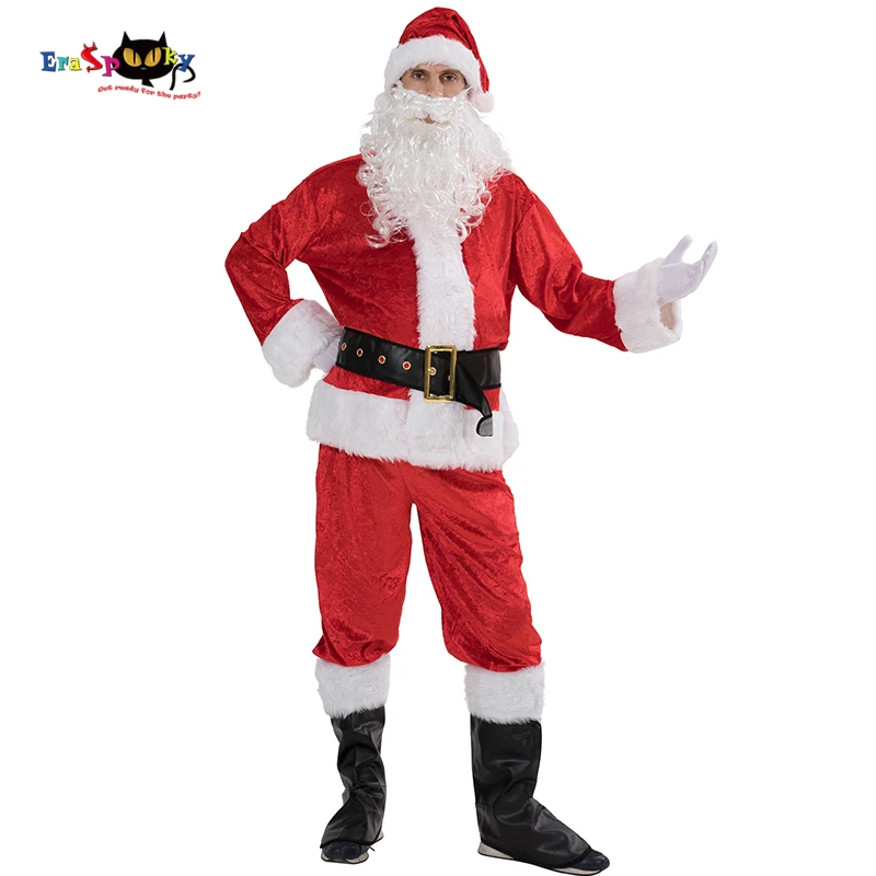 Eraspooky Christmas Costume Men Santa Claus Costume Thickness Christmas Clothing Full Set Coat Pants Belt Glove Boot 5 pcs Set